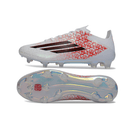 Chuteira Adidas F50 Elite FG Branca e Rosa "Lamine Yamal" vista lateral e inferior.