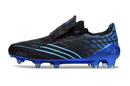 Chuteira Adidas F50 Elite FG Spider Preta e Azul com design aerodinâmico para futebol em campos naturais.
