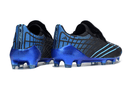 Chuteira Adidas F50 Elite FG Spider Preta e Azul com design aerodinâmico e sola FG para futebol.
