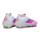 Chuteira Adidas F50 FG Elite Bota - Branca e Rosa, visual traseiro com detalhes em rosa e tecnologia avançada.