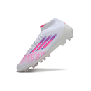 Chuteira Adidas F50 FG Elite Bota - Branca e Rosa em perfil, ideal para desempenho em campo.