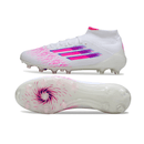 Chuteira Adidas F50 FG Elite Bota - Branca e Rosa com design em degradê rosa e sola com padrão espiral.