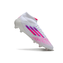 Chuteira Adidas F50 FG Elite Bota - Branca e Rosa, com design vibrante e tecnologia avançada de desempenho.