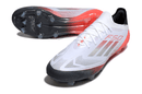 Chuteira Adidas F50 FG Elite Branca, Vermelha e Preta vista lateral e inferior, com design moderno e tecnologia de desempenho.