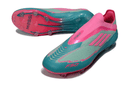 Chuteira Adidas F50 FG Elite Ed. "Messi" Rosa com design vibrante em azul e rosa, ideal para desempenho em campo.
