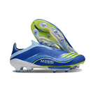 Chuteira Adidas F50 FG Elite - Ed. "Messi" Azul vista lateral e sola.