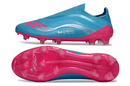 Chuteira Adidas F50 FG Elite - Ed. "Messi" Azul com solado rosa e design aerodinâmico.