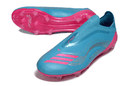 Chuteira Adidas F50 FG Elite - Ed. "Messi" Azul com detalhes em rosa e design aerodinâmico para desempenho em campos de futebol.