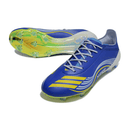 Chuteira Adidas F50 FG Elite - Ed. "Messi" Azul com design vibrante e sola FG para aderência em campos.