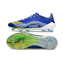 Chuteira Adidas F50 FG Elite - Ed. "Messi" Azul, mostra o design azul vibrante e a sola FG ideal para desempenho em campo.