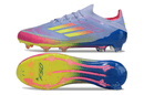 Chuteira Adidas F50 FG Elite Roxa, Rosa e Verde com design moderno e tecnologia avançada para desempenho em campo.