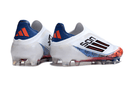 Chuteira Adidas F50 FG Elite Ed. "Son" Branca, vista traseira, design moderno e cores vibrantes para futebol.