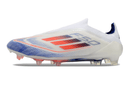 Chuteira Adidas F50 LL FG - Branca, Laranja e Azul com design moderno e tecnologia avançada para futebol.