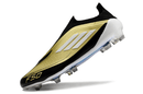 Chuteira Adidas F50 LL FG - Dourada e Branca em design elegante para alto desempenho no futebol.