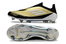 Chuteira Adidas F50 LL FG - Dourada e Branca com design moderno e sola altamente técnica para desempenho em campo.