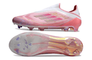 Chuteira Adidas F50 LL YAMAL FG - Rosa, vista lateral e inferior destacando o design inovador e a construção leve.