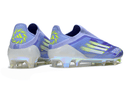 Chuteira Adidas F50 FG Elite Sparkfusion - Azul vista traseira mostrando detalhes em azul vibrante e design moderno.