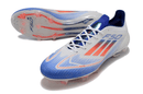 Chuteira Adidas F50.1 FG Branca, Azul e Vermelho com design moderno e tecnologia de ponta para performance em campo.