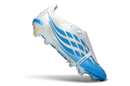 Chuteira Adidas Predator Elite FG 26 - Azul e Rosa em fundo branco, destacando sua estrutura e design moderno.