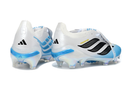 Chuteira Adidas Predator Elite FG 26 - Azul e Rosa, detalhes em branco e preto, ideal para desempenho no futebol.