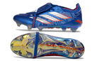 Chuteira Adidas Predator Elite FG 26 - Azul e Vermelha vista lateral e inferior, ideal para futebolistas que buscam precisão.