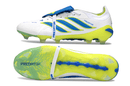 Chuteira Adidas Predator Elite FG 26 - "Finishers Steel" - Branca e Amarela com detalhes em azul e sola vibrante.