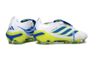 Chuteira Adidas Predator Elite FG 26 - "Finishers Steel" - Branca e Amarela com detalhes em azul e verde.