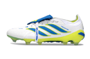 Chuteira Adidas Predator Elite FG 26 - "Finishers Steel" - Branca e Amarela lateral mostrando design em azul e amarelo.