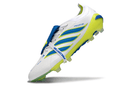 Chuteira Adidas Predator Elite FG 26 - "Finishers Steel" - Branca e Amarela com detalhes em azul e verde.