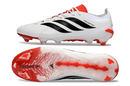 Chuteira Adidas Predator Elite FG 26 - "Finishers Steel" Branca com sóleo vermelha e desenhos na parte inferior.