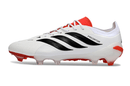 Chuteira Adidas Predator Elite FG 26 - "Finishers Steel" Branca lateral view com detalhes em preto e vermelho.