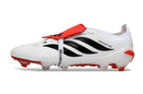 Chuteira Adidas Predator Elite FG 26 - "Finishers Steel" Branca lateral esquerda com detalhes em vermelho e preto.