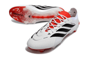 Chuteira Adidas Predator Elite FG 26 - "Finishers Steel" Branca em destaque com detalhes em vermelho e preto.