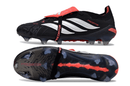 Chuteira Adidas Predator Elite FG 26 - "Finishers Steel" Preta e Branca, vista lateral e inferior.