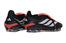 Chuteira Adidas Predator Elite FG 26 - "Finishers Steel" Preta e Branca traseira com detalhes em vermelho e brilho.