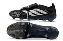 Chuteira Adidas Predator Elite FG 26 - "Finishers Steel" - Preta com detalhes em preto e prata, vista lateral e solado.
