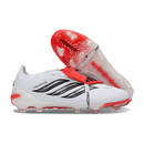 Chuteira Adidas Predator Elite FG 26 Tongue - Branca e Preta com detalhes em vermelho e preto.