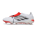 Chuteira Adidas Predator Elite FG 26 Tongue - Branca e Preta lateral com detalhes em vermelho e preto