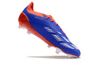 Chuteira Adidas Predator Elite FG - Azul , Branca e Laranja com design tricolor vibrante e tecnologia avançada.