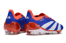 Chuteira Adidas Predator Elite FG - Azul , Branca e Laranja com design tricolor vibrante e tecnologia de ponta.