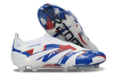 Chuteira Adidas Predator Elite FG LL - Azul, Branca e Vermelha com design vibrante e tecnologia de ponta.