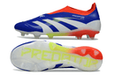 Chuteira Adidas Predator Elite FG LL - Azul, Vermelha e Amarela com design vibrante e ousado.