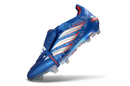 Chuteira Adidas Predator Elite FG 26 - Azul e Vermelha, destacando o design dinâmico e tecnologia de ponta.