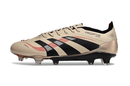 Chuteira Adidas Predator Elite FG - Bege e Preta lateral com detalhes em vermelho e preto, ideal para controle em campo.