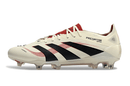 Chuteira Adidas Predator Elite FG - Bege, Preta e Vermelha com design tricolor e desempenho em campo.