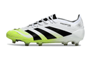 Chuteira Adidas Predator Elite FG - Branca e Amarela vista lateral com detalhes em preto e amarelo.