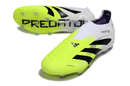 Chuteira Adidas Predator Elite FG - Branca e Amarela, com design vibrante e tecnologia para desempenho em campo.