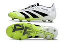 Chuteira Adidas Predator Elite FG - Branca e Amarela mostrando design aerodinâmico e sola com tração.