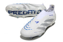 Chuteira Adidas Predator Elite FG - Branca e Azul, design elegante e moderno para campo, máxima performance.