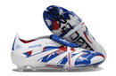 Chuteira Adidas Predator Elite FG Tongue Branca, Azul - design clássico e desempenho em campo.
